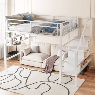 STILVORA Hoogslaper 140x200 cm – Bed Met Opbergrekken & Trapopslag – Open Speelruimte Onder Bed – Metaal+MDF – Wit – Zonder Matras