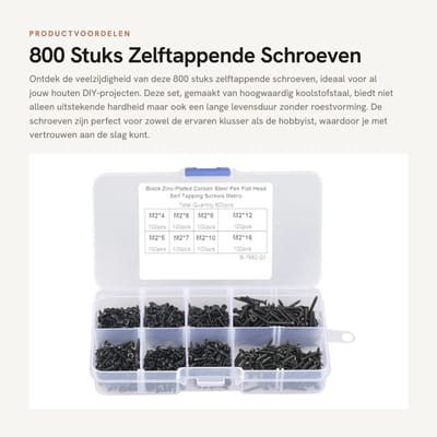 Dailygoods- Zelftappende Schroeven 800 Stuks - Koolstofstaal - Platte Kop - Opbergdoos - Zwart - Hoge Hardheid