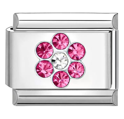 Quiges - Schakel - Bedel - 9mm - charms - Roze zirkonia bloem - Geschikt voor - armband - Schakelarmband - italy bedels armband