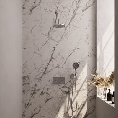 Brauer Chrome Edition thermostatische inbouw regendouche met drukknoppen SET 57 met 20 cm douchekop en gebogen muurarm en 3-standen handdouche en doucheslang en wandaansluitbocht chroom