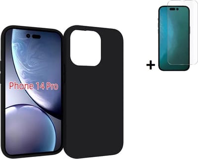 MoDo hoesje Geschikt voor iPhone 14 Pro - Siliconen Back Cover - Zwart met screenprotector