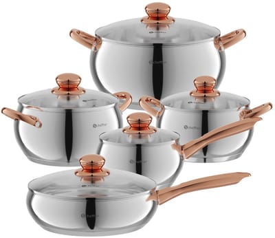 Scheffler Pannenset 10-delig – RVS Kookpannenset met Roségouden Handgrepen – Inductie Pannenset met Glazen Deksel – Luxe Duurzame Kookset voor Alle Warmtebronnen