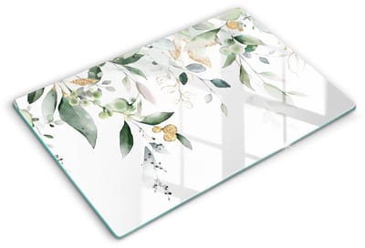 Wallfluent Spatscherm Keuken - Wit Glasplaat Keuken - 80x52 cm - Aquarelbladeren Achterwand Glasplaat Keuken - Bloemen en planten Rechthoekig Spatscherm Keuken
