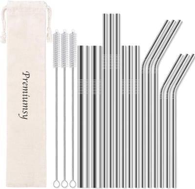 Premiumsy 14x Herbruikbare Metalen Rietjes - Verschillende Maten - Duurzame Rietjes Herbruikbaar - RVS Rietjes - Ijzeren Rietjes - Geschikt voor Smoothies en Cocktails - Zilver
