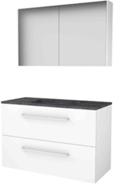 Basic-Line Comfort 46 Badkamermeubelset - 100 x 46 cm - Met Grepen - 2 Lades - Hardstenen Wastafel - Zonder Kraangat - Spiegelkast - Ice White