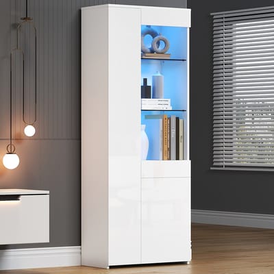 Pugsdrly Vitrinekast 70*35*180 cm met lades, glanzende vitrinekast, glazen vitrinekast met LED-verlichting, hoge kast, hoge buffetkast met kast, vitrinekast op voet, opbergruimte met scheidingswand, aanbevolen draagvermogen 45 kg