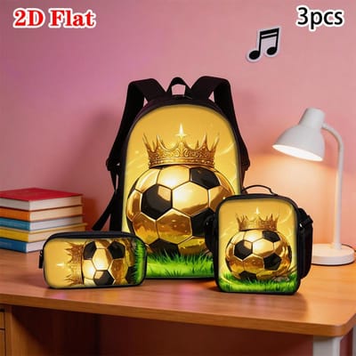 3 stuks Voetbal Kroon Patroon Rugzak Set Lichtgewicht Grote Capaciteit Schooltas Reistas met Schoudertas Etui Kinder Cadeau