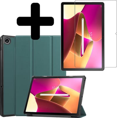 Hoes - Geschikt voor Lenovo Tab M10 Plus (3e / 3rd Generatie) - Met Screenprotector - Trifold Bookcase - Hard Cover - Hardcover Book Case - Tablet Hoesje - Donkergroen