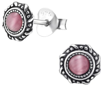 Joy|S - Zilveren Bali ronde oorbellen - 6 mm - roze calcedony cat eye - geoxideerd - oorknoppen