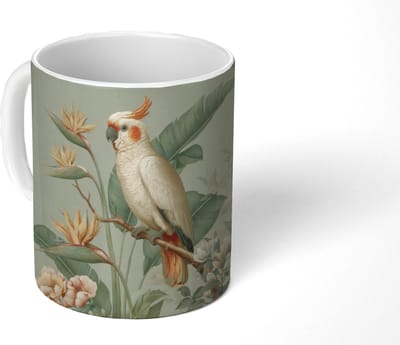 Mok - Koffiemok - Gele kuifkaketoe - paradijsvogelbloemen - Groen - Mokken - 350 ML - Beker - Koffiemokken - Theemok