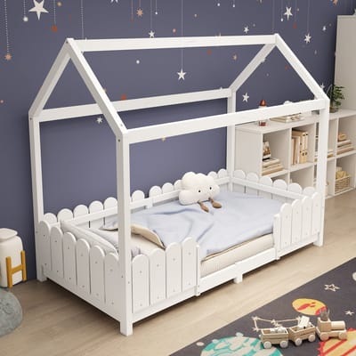 Huisbed kinderbed met dak en valbeveiliging - Voor jongens en meisjes 90x200 cm - Wit - Inclusief lattenbodem - 120 kg draagvermogen - Eenvoudig te monteren