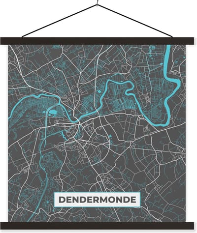 Posterhanger incl. Poster 60x60 cm - Schoolplaat - België – Dendermonde – Stadskaart – Kaart – Blauw – Plattegrond - Textielposter - Zwarte latten - Stadskaart