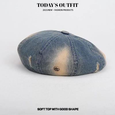 Japanse High-end Denim Kleurverloop Baret Gescheurde Denim Baret Volkstaal Retro Veelzijdig Oude Schildersmuts gray