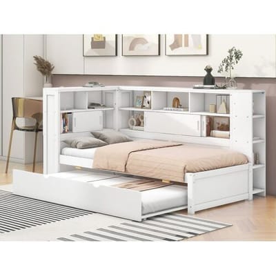ModernLuxe Massief houten onderschuifbed 90x200cm met USB-oplaadpoorten - omgeven door een cirkel met opbergruimte - Wit