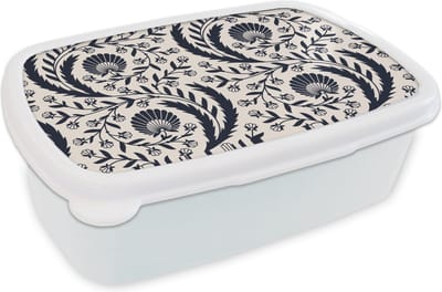 Broodtrommel Wit - Lunchbox - Brooddoos - Patroon - Bloem - Zwart - 18x12x6 cm - Volwassenen