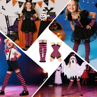 Over de Knie Sokken voor Meisjes van 6-10 Jaar, Kostuum Sokken met Lange Vingerloze Handschoenen voor Kerst, Halloween en Feestjes
