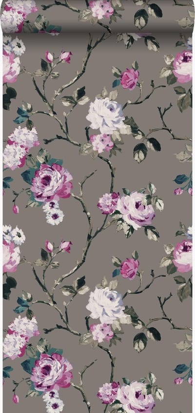 Origin Wallcoverings behang bloemen taupe en lila paars - 53 cm x 10.05 m - 347430