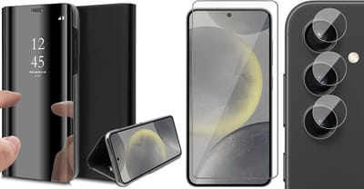 Hoesje geschikt voor Samsung Galaxy S24 - Screenprotector Glas & Camera - Spiegel Book Case Zwart