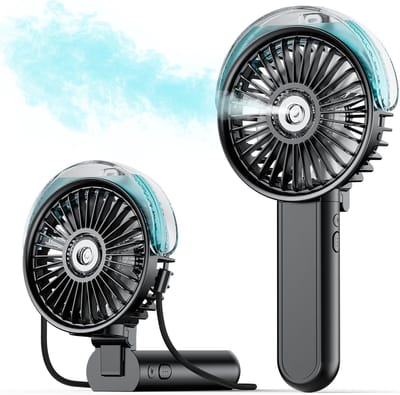 Draagbare vernevelingsventilator – 180° opvouwbare handventilator met sprayfunctie, 3 snelheidsstanden, 30 ml watertank, USB-oplaadbaar, geschikt voor reizen, buitenactiviteiten, make-up, kamperen, thuis en op kantoor.