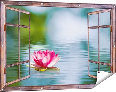 Gards Tuinposter Doorkijk Roze Lotusbloem op het Water - 120x80 cm - Tuindoek - Tuindecoratie - Wanddecoratie buiten - Tuinschilderij