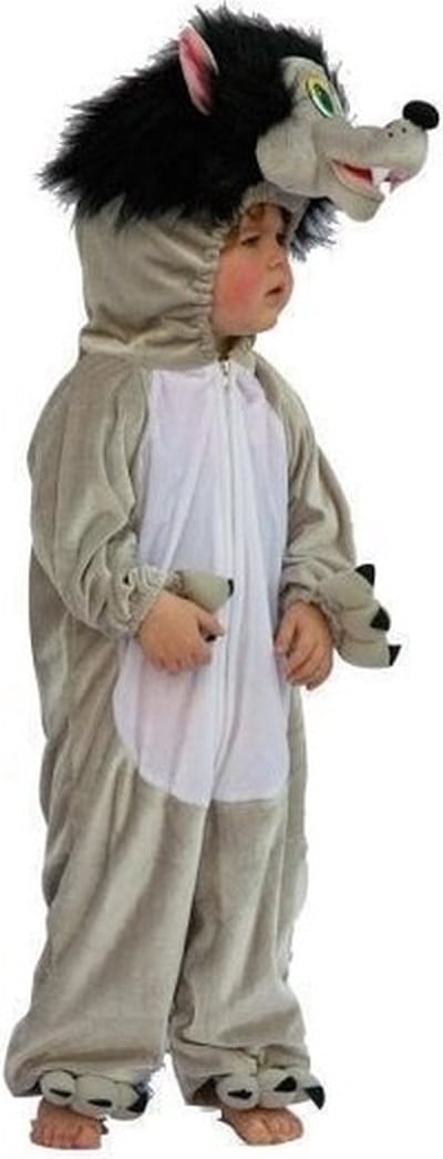 Faram Party dierenpak - Pluche wolf kostuum - grijs - voor kinderen - jumpsuit met rits - carnaval 128