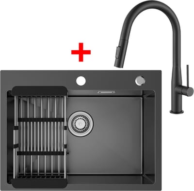 Sofetiy MAX Spoelbak Keuken 60x45cm - Spoelbak Keuken met Kraangat - Spoelbakken Keuken Met Keukenkraan met Uittrekbare Uitloop - Spoelbak met Afdruipgedeelte - Antraciet