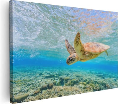 Artaza Canvas Schilderij Schildpad Onderwater - 30x20 cm - Klein - Muurdecoratie Zee - Wanddecoratie Woonkamer - Kamer Accessoires