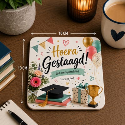 Hoera Geslaagd Onderzetter 10x10 cm – Geslaagd Cadeau met Bloemen en Trofee – Diploma Cadeautje