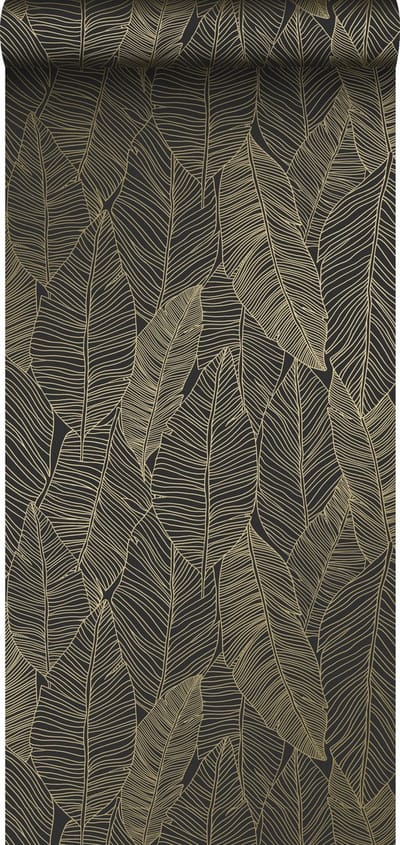 ESTAhome behang getekende bladeren zwart en goud - 53 cm x 10.05 m - 139126