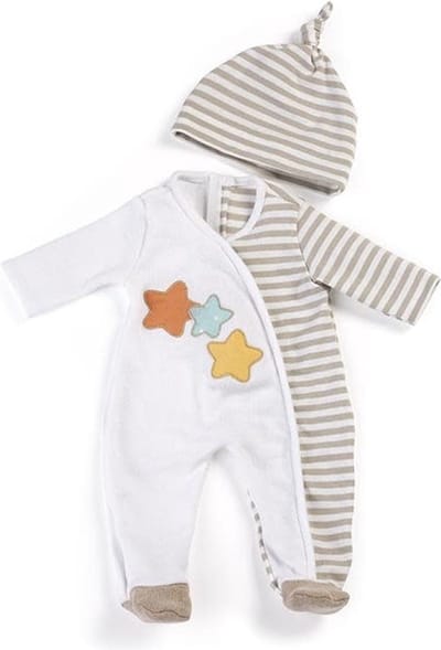 ML Poppen: PYJAMA beige gestreept, voor de babypop 40cm, in plastic zakje met  kapstok, 3+
