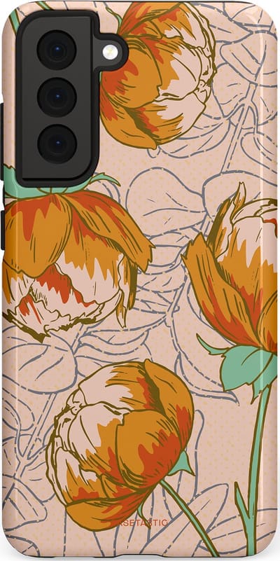 Casetastic hoesje geschikt voor Samsung Galaxy S21 FE 5G - Dubbellaagse bescherming - Lente pioenroos - Fashion Case - Zand Zilver Okergeel Terracotta