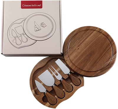 Kaasplankset van acaciahout - Mini-delischaal met 4 messen - Draagbare reisdelischaal als cadeauset - Geschikt voor housewarmings, verjaardagen, bruiloften, bruidscadeaus, enz.