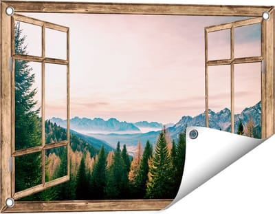 Gards Tuinposter Doorkijk Bos met Bomen bij Bergen Landschap - 60x40 cm - Tuindoek - Tuindecoratie - Wanddecoratie buiten - Tuinschilderij