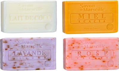 Set Marseille zeep 4 x 100 gram in geuren kokosmelk-honing-lavendel-roos - Franse handzeep - Marseillezeep