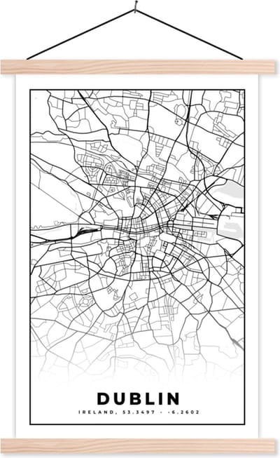 Posterhanger incl. Poster 40x60 cm - Schoolplaat - Dublin - Stadskaart - Zwart Wit - Plattegrond - Kaart - Textielposter - Blanke latten - Stadskaart