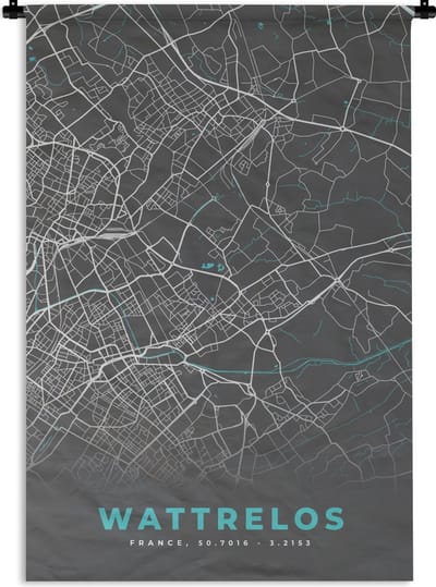 Wandkleed - Wanddoek - Wattrelos - Frankrijk - Plattegrond - Kaart - Stadskaart - 120x180 cm - Wandtapijt
