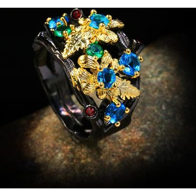 Alliances Vintage Noir Or Antique pour Femmes Style Branches de Fleurs Bague Argent Saphir Cadeau d'Anniversaire 7 beige