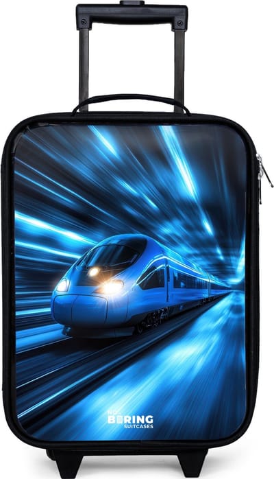 NoBoringSuitcases.com® - Kinderkoffer jongen - Kindertrolley meisje - Supersnelle trein in neonblauwe tunnel - Koffer kind lichtgewicht - Reiskoffer trolley voor kinderen - Koffertje met lichtgevende wieltjes - Rolkoffer zwart