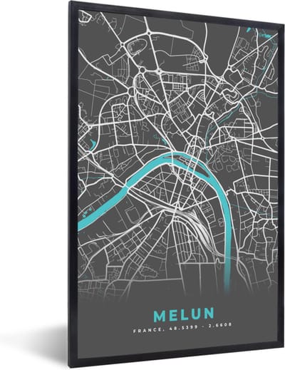 Fotolijst incl. Poster - Melun - Frankrijk - Plattegrond - Stadskaart - Kaart - 40x60 cm - Posterlijst