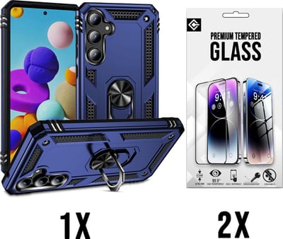 Casemania Hoesje Geschikt voor Samsung Galaxy A55 - Blauw - 2X Glazen Screenprotector - Anti-Shock Hybrid Armor Back Cover - Hoes met Kickstand Ring