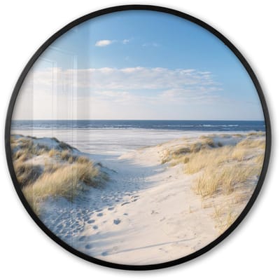 Poster in lijst Rond - Fotolijst 60x60 cm - Posters - Duin - Meeuw - Strand - Zee - Zon - Ronde posterlijst zwart - Decoratie - Wanddecoratie woonkamer - Muurdecoratie slaapkamer
