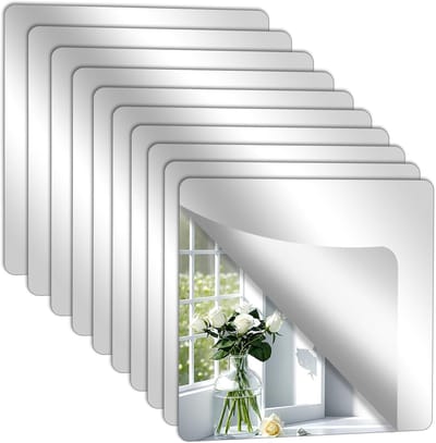 Set van 10 Flexibele Spiegelplaten, Zelfklevende Acryl Spiegels, 2 mm Dikke Wandspiegels, Ideaal voor Badkamer en Decoratie, 15 x 15 cm, Veilig en Lichtgewicht