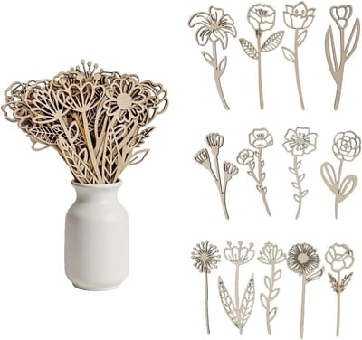 36 Stuks Houten Wilde Bloemen Decoratieset - Lasergesneden Bloemen met Houte