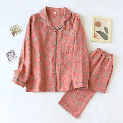 Lente- en herfstpyjama voor dames: tweedelig set met lange mouwen en lange broek, 100% katoen, ruimvallend model, casual print, huispak. L brown
