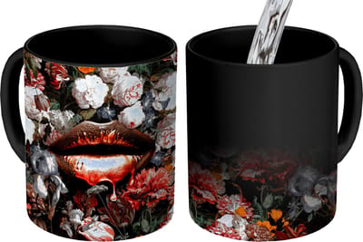 Magische Mok - Foto op Warmte Mokken - Koffiemok - Lippen - Bloemen - Verf - Oranje - Kunst - Abstract - Oude meesters - Magic Mok - Beker - 350 ML - Theemok