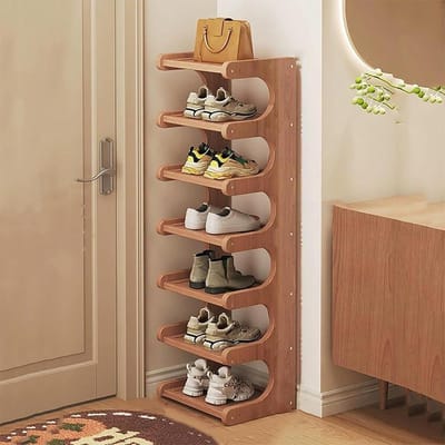 Schoenenkast Bamboe - Smal rek - Ruimte Besparen - Verticaal Ontwerp - 7 Niveaus - Bruin