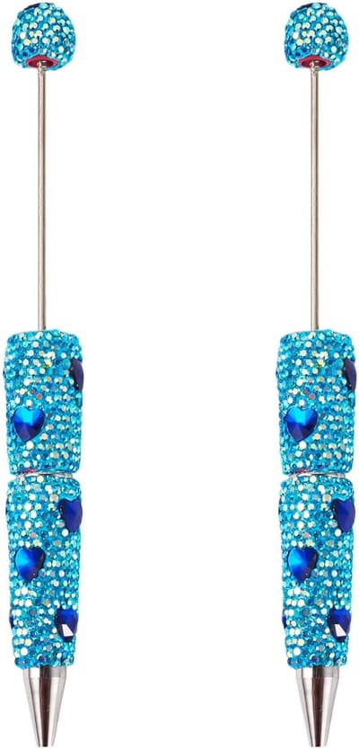 Dailygoods- Kralenpen 2 Stuks - Hartvormige Strass Balpen - Polymeerklei - Glanzend Blauw - Duurzaam Kunststof - 145 mm Lang