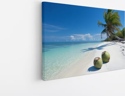 Saammp Canvas Schilderij - Strand met kokosnoten - Zee - 45x30 - Foto op canvas - Wanddecoratie - muurdecoratie Woonkamer - Slaapkamer decoratie - Canvas Print