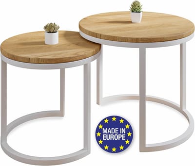 Set van 2 Handgemaakte Salontafels van Massief Eikenhout en Staal - Rond, Ø50x43 cm & Ø40x38 cm - Wit