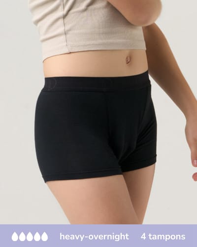 Moodies menstruatie ondergoed tiener - Bamboe Boyshort - hevig kruisje - maat 140-146 (XXS) - zwart